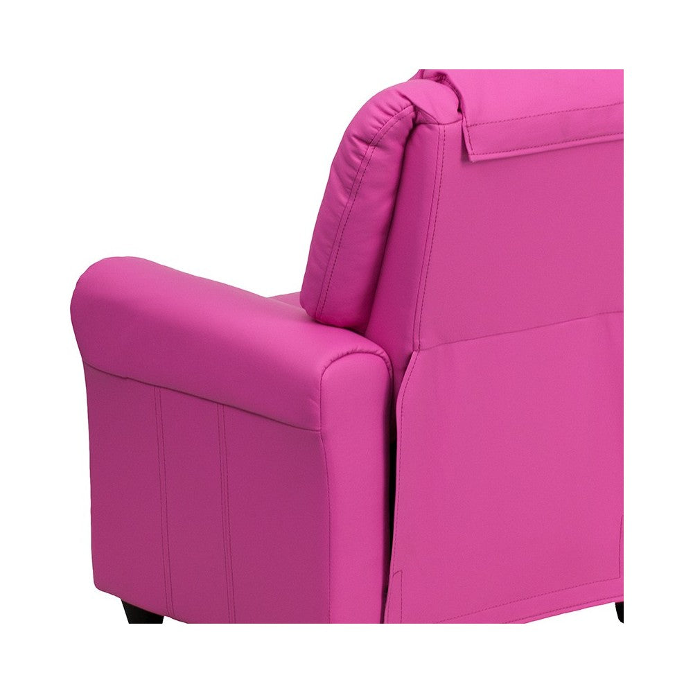 Contemporary Hot Pink Vinyl Kids Recliner with Cup Holder and Headrest