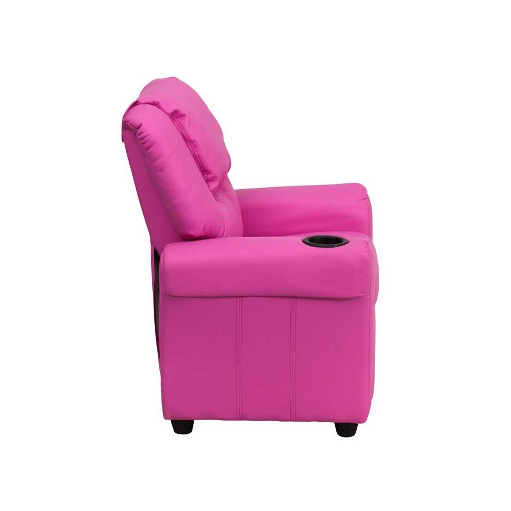 Contemporary Hot Pink Vinyl Kids Recliner with Cup Holder and Headrest