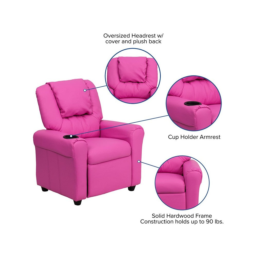 Contemporary Hot Pink Vinyl Kids Recliner with Cup Holder and Headrest