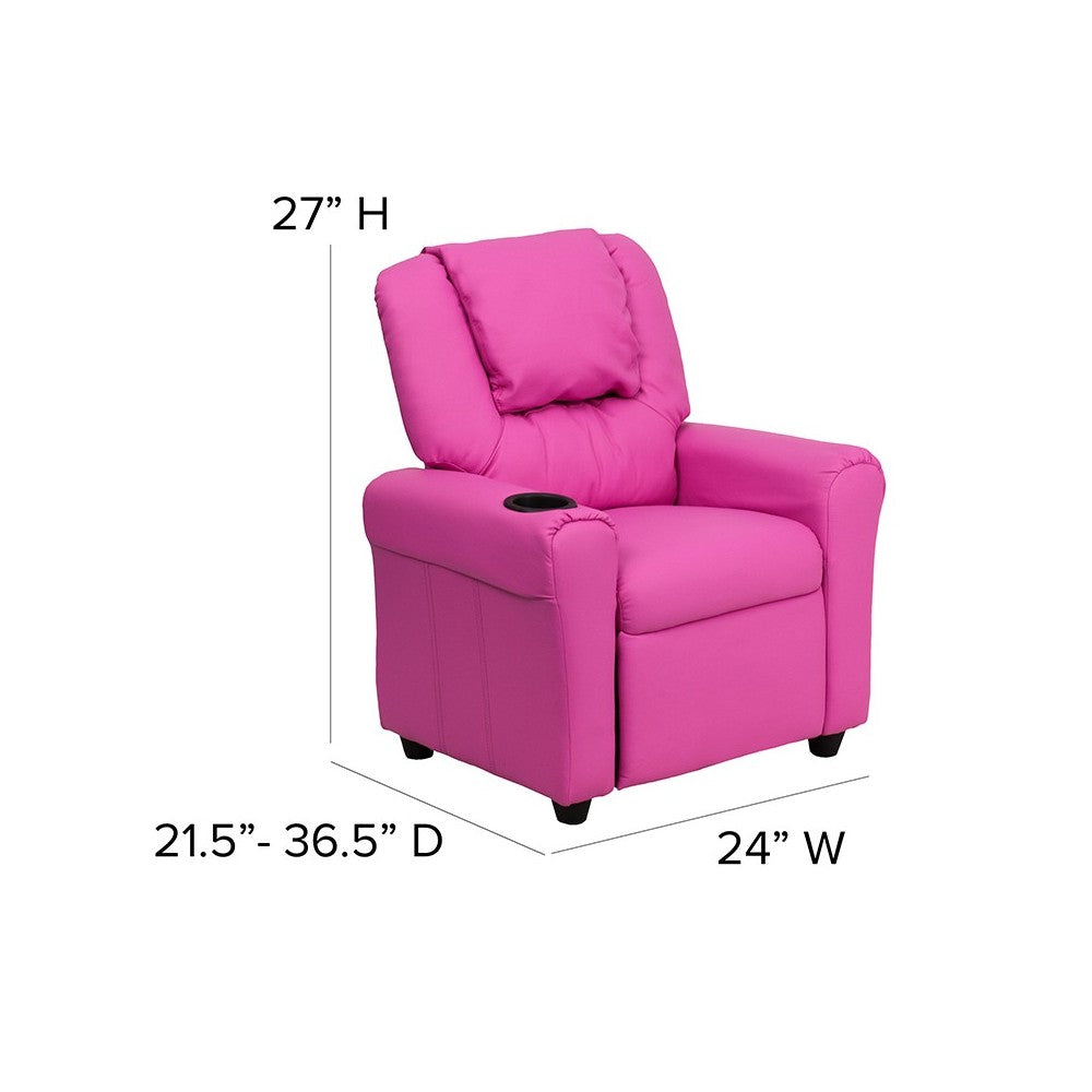 Contemporary Hot Pink Vinyl Kids Recliner with Cup Holder and Headrest