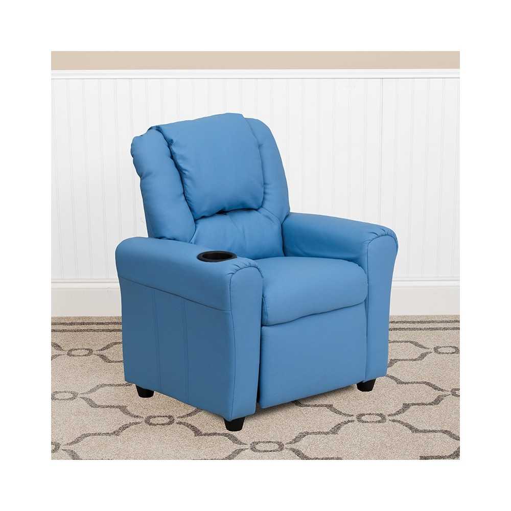 Contemporary Light Blue Vinyl Kids Recliner with Cup Holder and Headrest