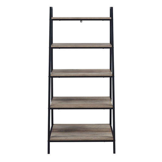 Contemporary Metal and Wood 5-Shelf Ladder Bookshelf - Dark Walnut