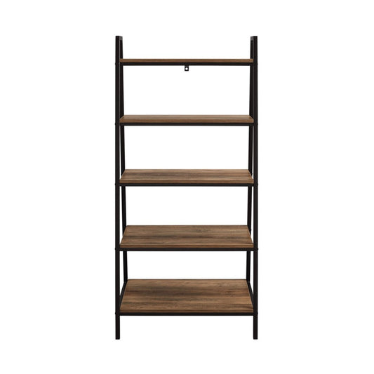 Contemporary Metal and Wood 5-Shelf Ladder Bookshelf - Rustic Oak
