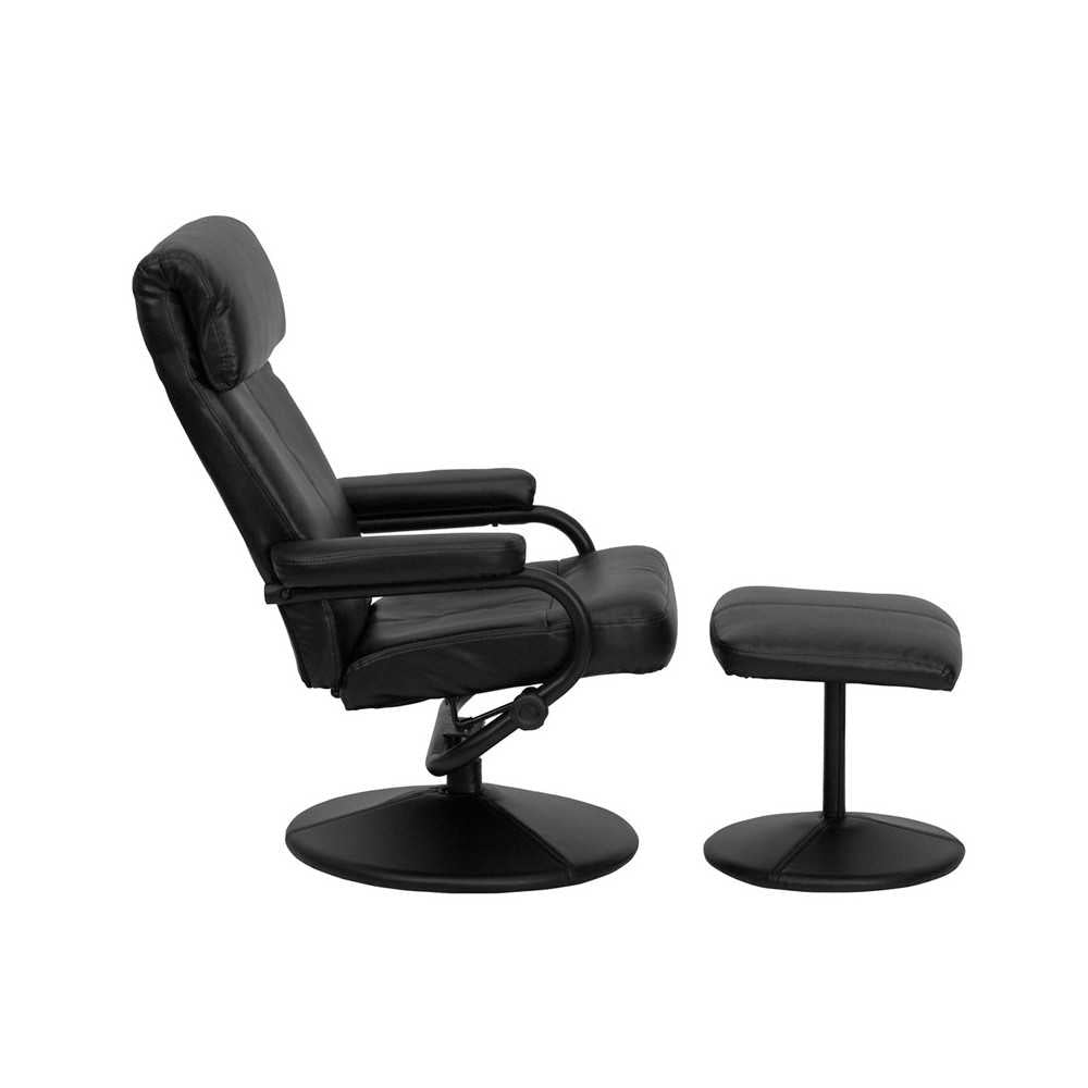 Contemporary Multi-Position Headrest Recliner and Ottoman with Wrapped Base in Black LeatherSoft