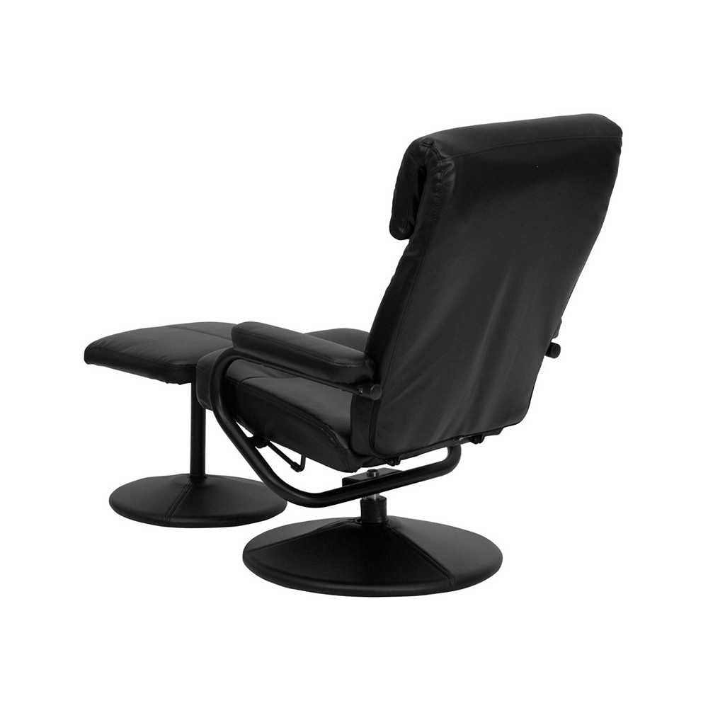 Contemporary Multi-Position Headrest Recliner and Ottoman with Wrapped Base in Black LeatherSoft