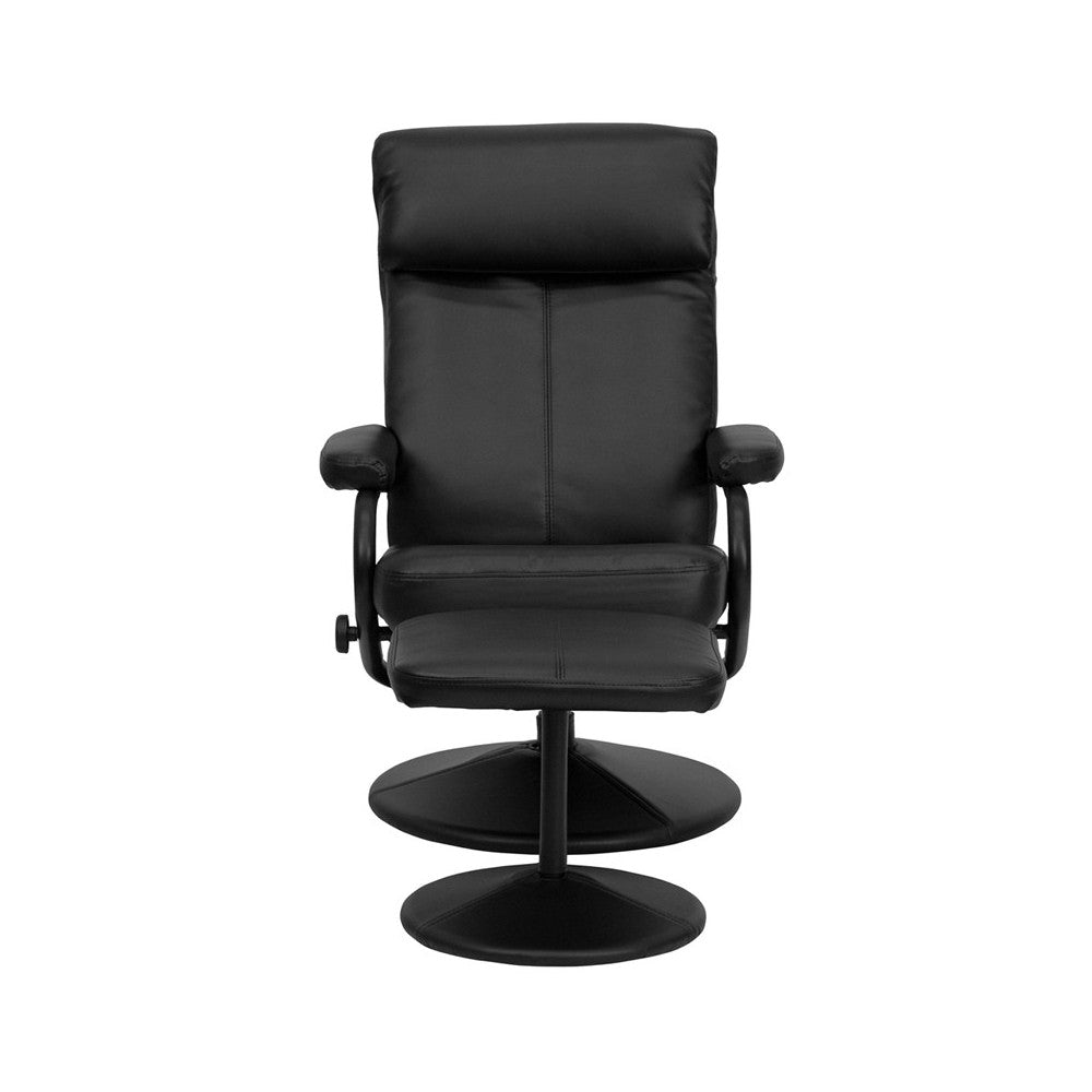 Contemporary Multi-Position Headrest Recliner and Ottoman with Wrapped Base in Black LeatherSoft
