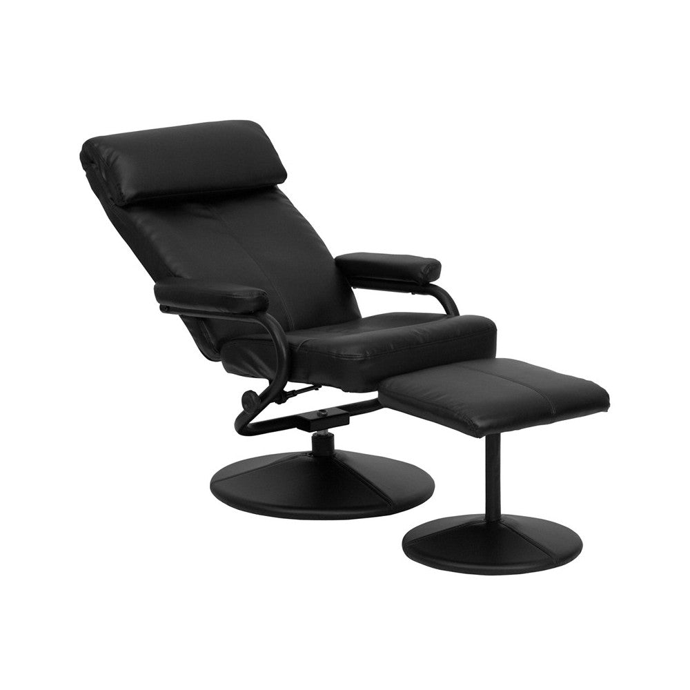 Contemporary Multi-Position Headrest Recliner and Ottoman with Wrapped Base in Black LeatherSoft