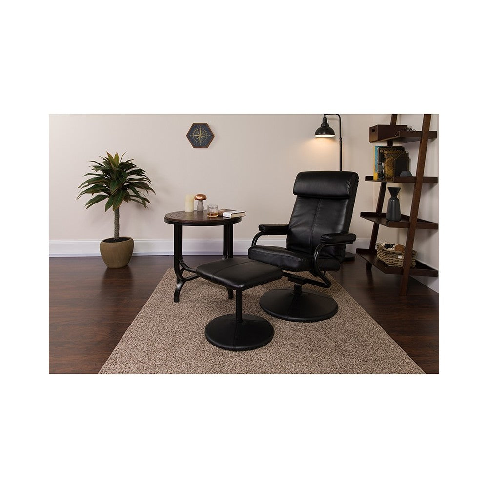 Contemporary Multi-Position Headrest Recliner and Ottoman with Wrapped Base in Black LeatherSoft