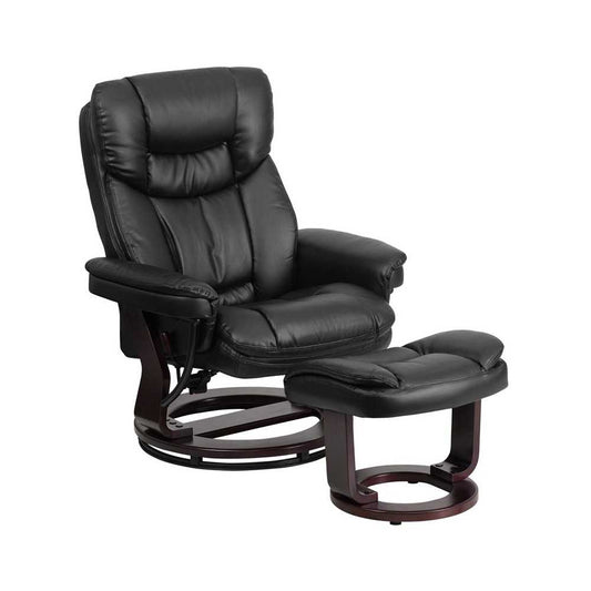 Contemporary Multi-Position Recliner and Curved Ottoman with Swivel Mahogany Wood Base in Black LeatherSoft
