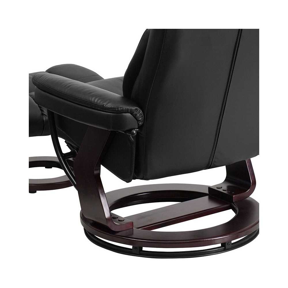 Contemporary Multi-Position Recliner and Curved Ottoman with Swivel Mahogany Wood Base in Black LeatherSoft
