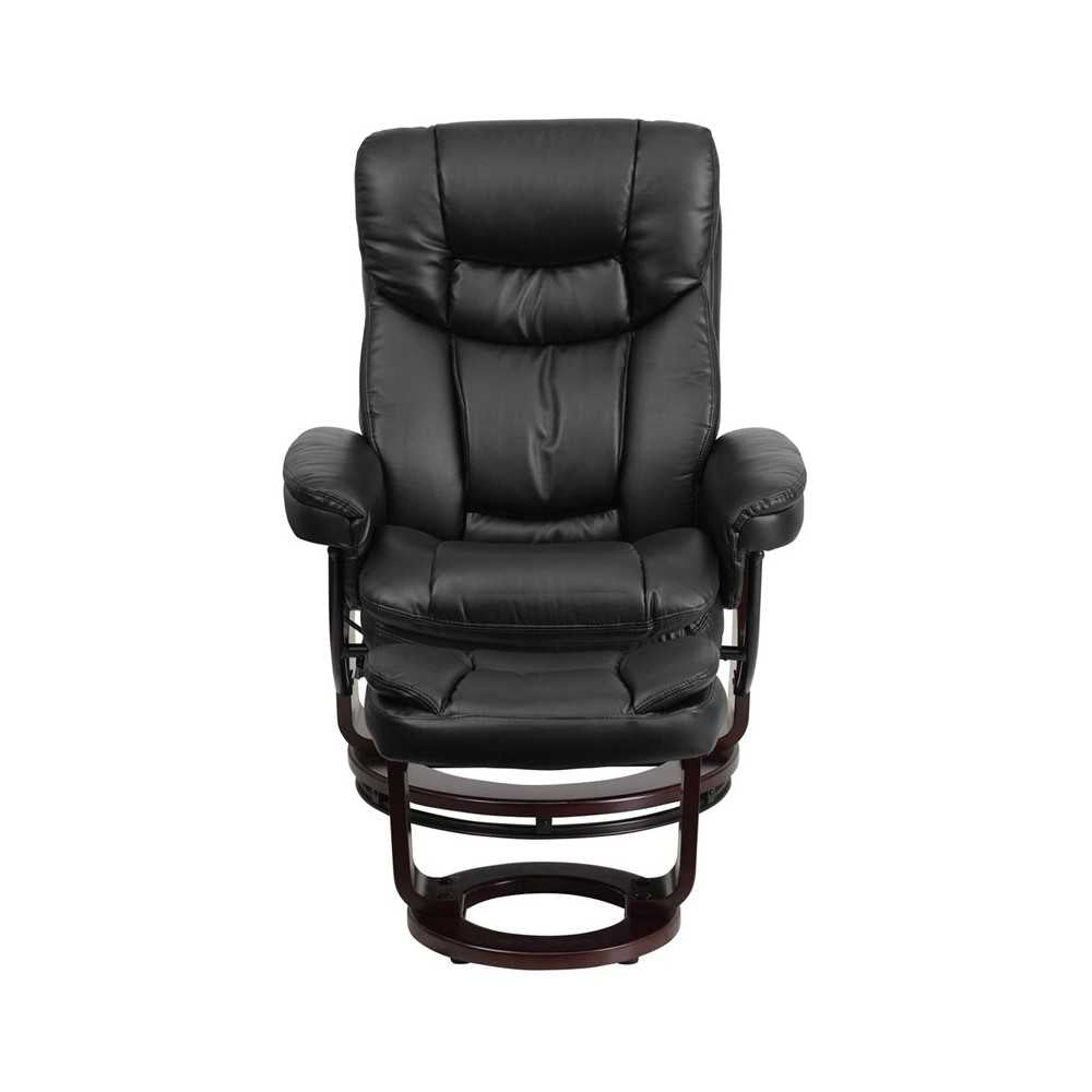 Contemporary Multi-Position Recliner and Curved Ottoman with Swivel Mahogany Wood Base in Black LeatherSoft