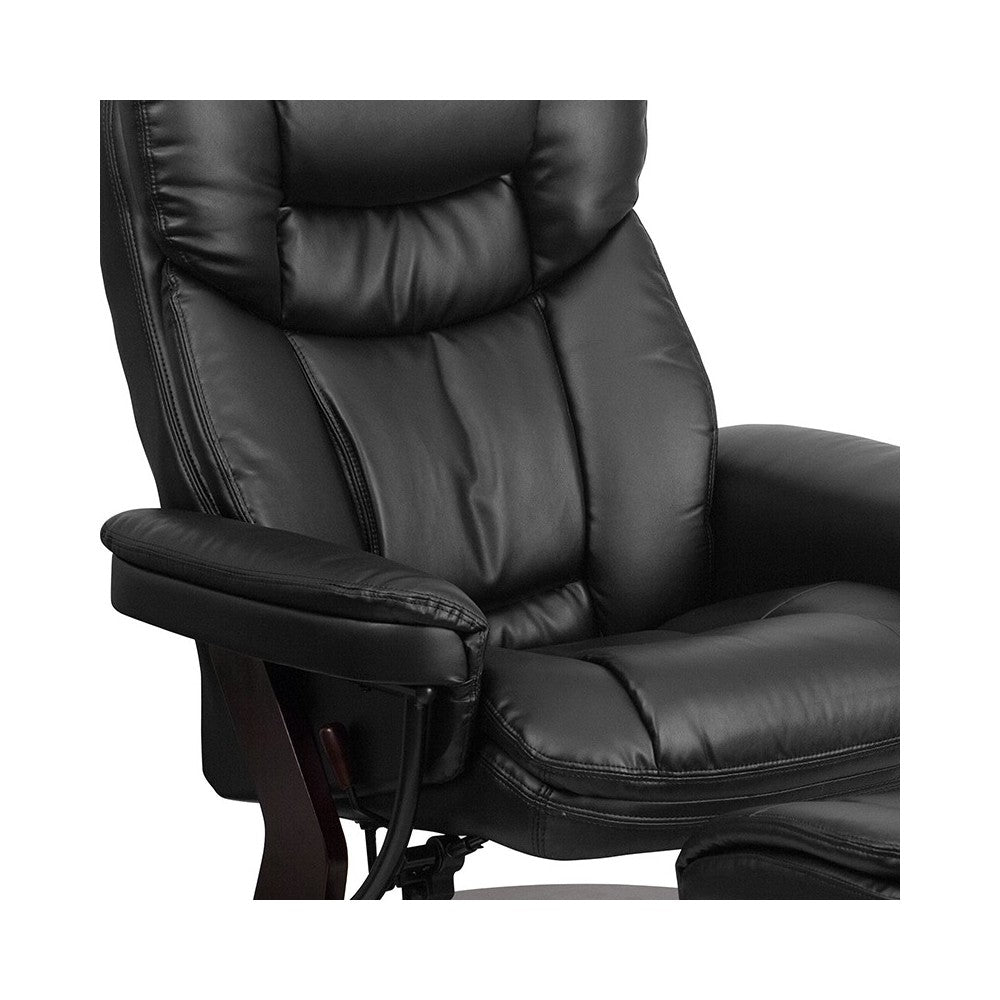 Contemporary Multi-Position Recliner and Curved Ottoman with Swivel Mahogany Wood Base in Black LeatherSoft