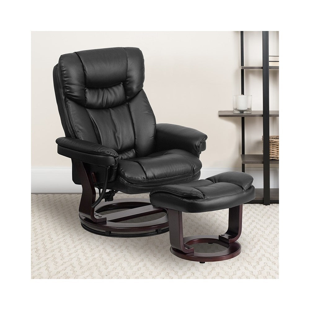 Contemporary Multi-Position Recliner and Curved Ottoman with Swivel Mahogany Wood Base in Black LeatherSoft
