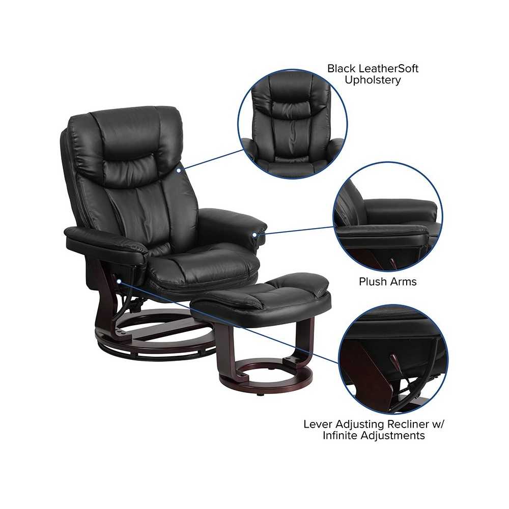 Contemporary Multi-Position Recliner and Curved Ottoman with Swivel Mahogany Wood Base in Black LeatherSoft