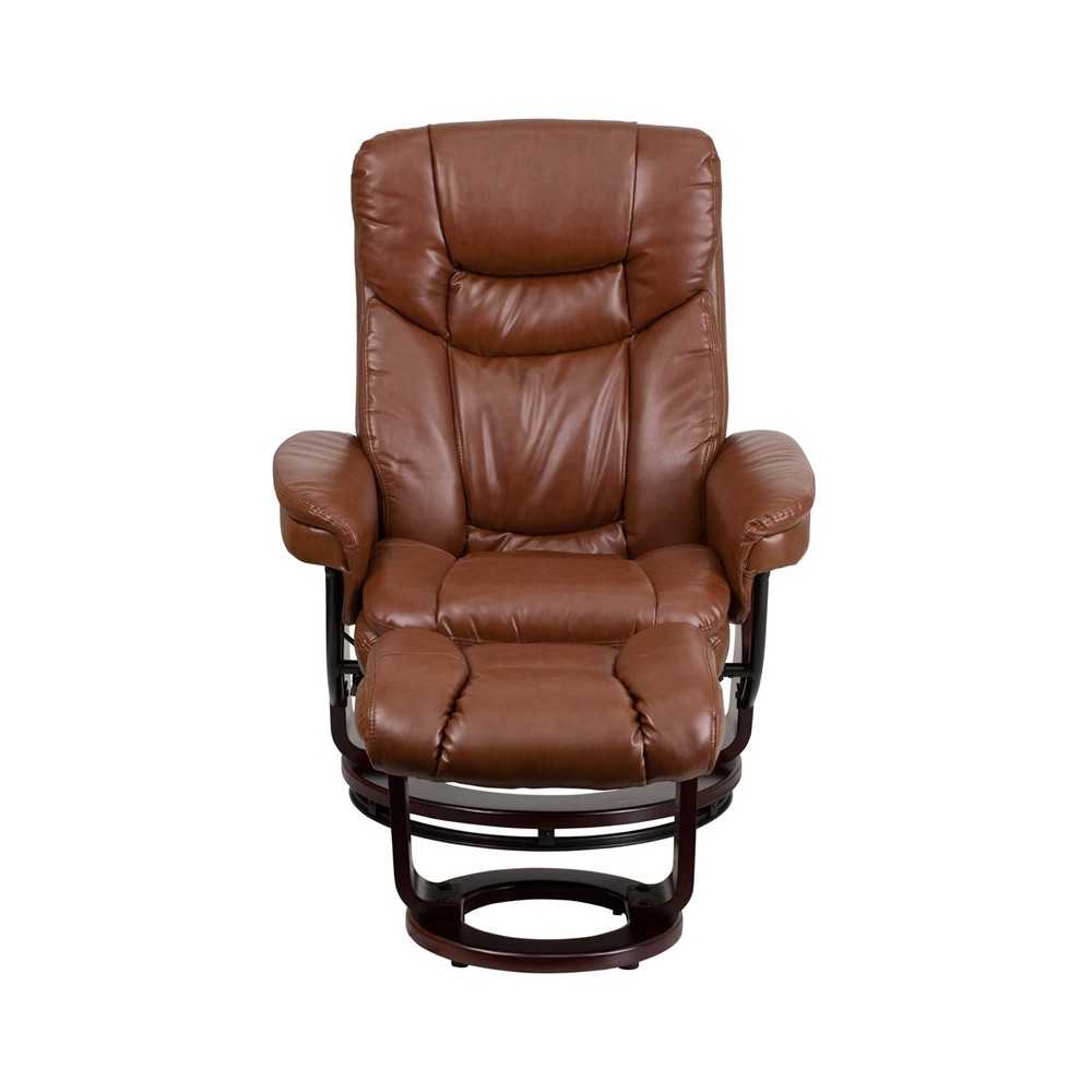 Contemporary Multi-Position Recliner and Curved Ottoman with Swivel Mahogany Wood Base in Brown Vintage LeatherSoft