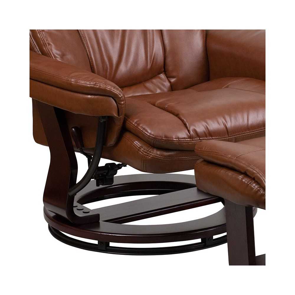Contemporary Multi-Position Recliner and Curved Ottoman with Swivel Mahogany Wood Base in Brown Vintage LeatherSoft