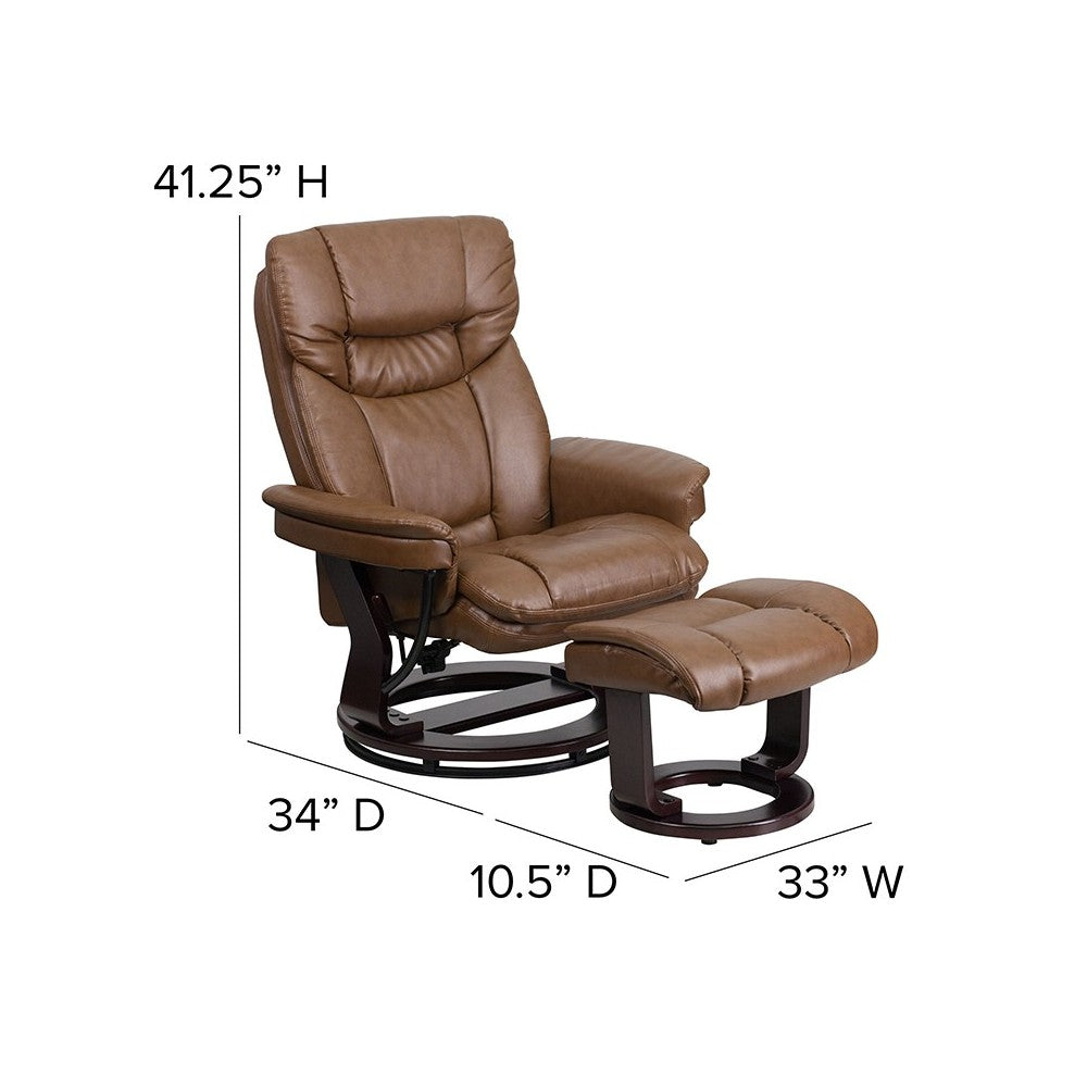 Contemporary Multi-Position Recliner and Curved Ottoman with Swivel Mahogany Wood Base in Palimino LeatherSoft