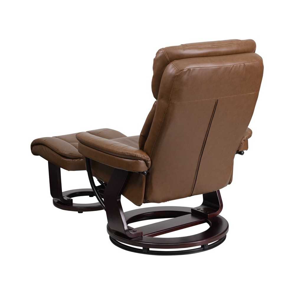 Contemporary Multi-Position Recliner and Curved Ottoman with Swivel Mahogany Wood Base in Palimino LeatherSoft