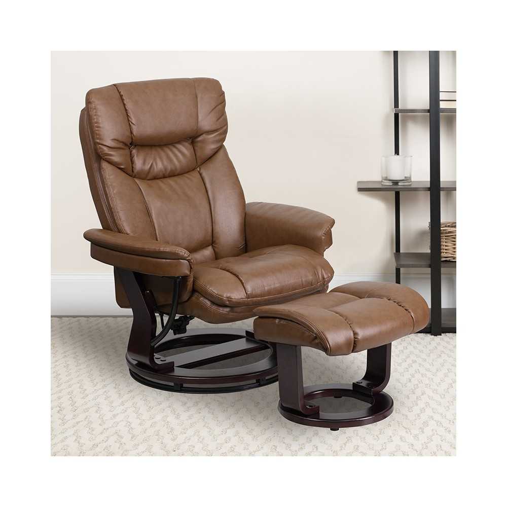 Contemporary Multi-Position Recliner and Curved Ottoman with Swivel Mahogany Wood Base in Palimino LeatherSoft
