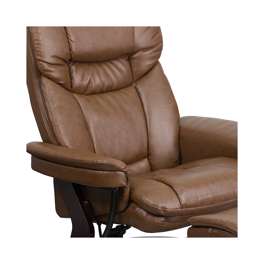 Contemporary Multi-Position Recliner and Curved Ottoman with Swivel Mahogany Wood Base in Palimino LeatherSoft