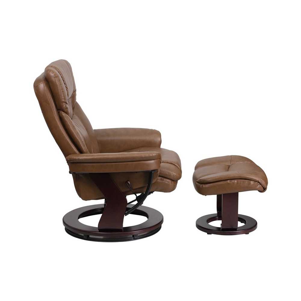 Contemporary Multi-Position Recliner and Curved Ottoman with Swivel Mahogany Wood Base in Palimino LeatherSoft