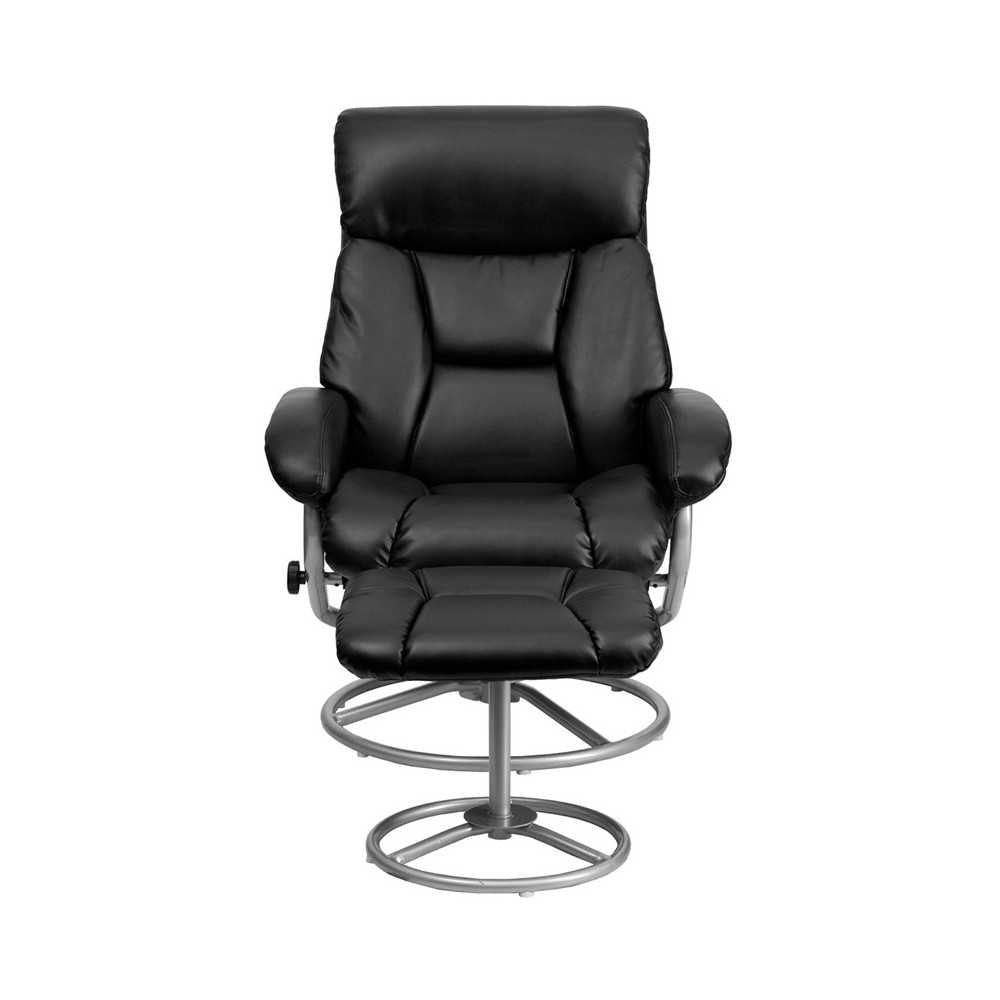 Contemporary Multi-Position Recliner and Ottoman with Metal Base in Black LeatherSoft