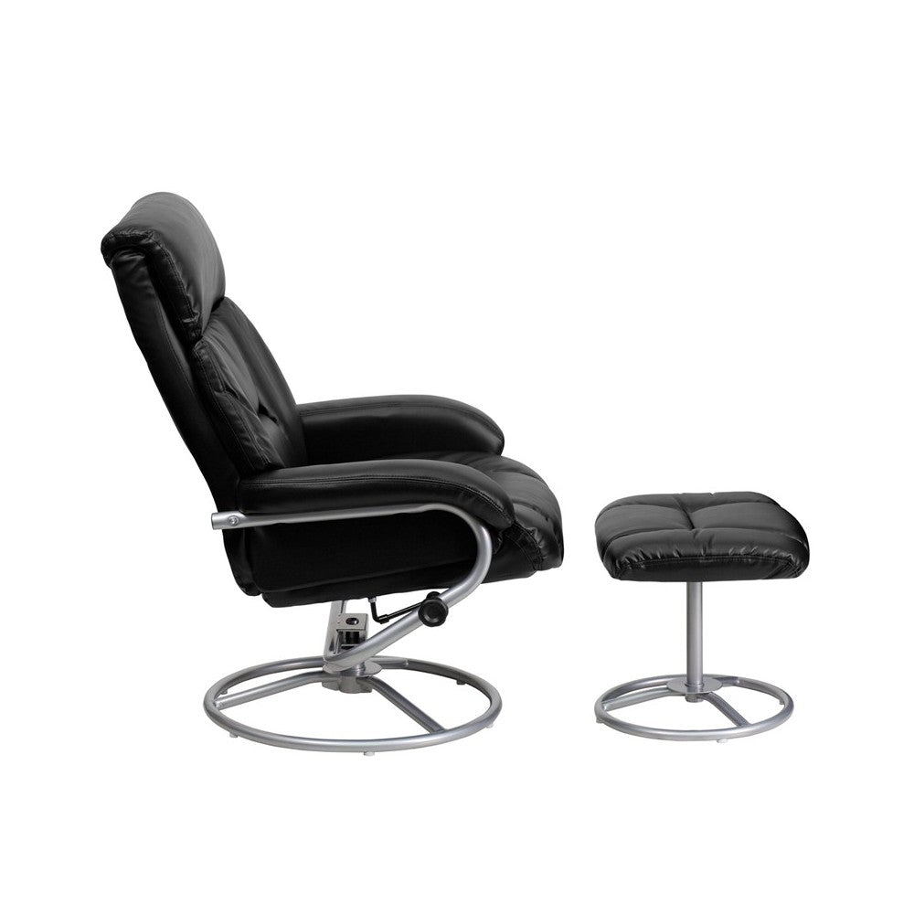 Contemporary Multi-Position Recliner and Ottoman with Metal Base in Black LeatherSoft