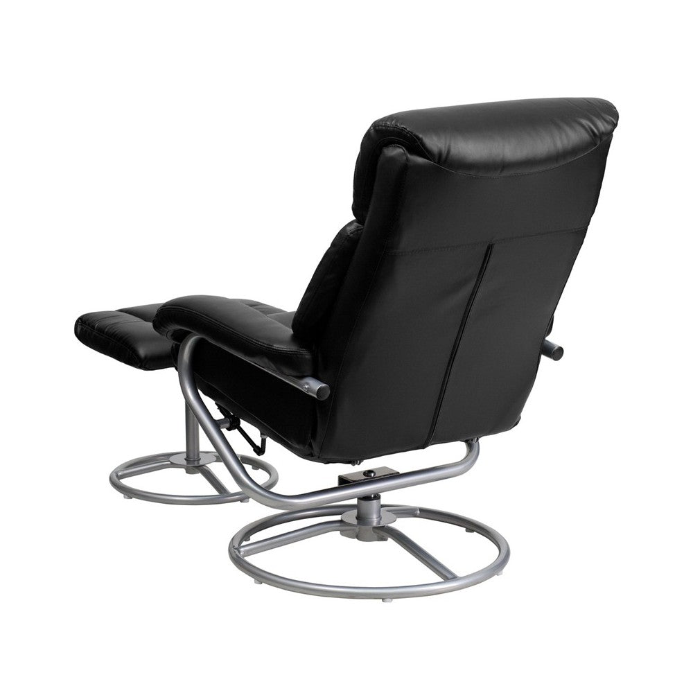 Contemporary Multi-Position Recliner and Ottoman with Metal Base in Black LeatherSoft