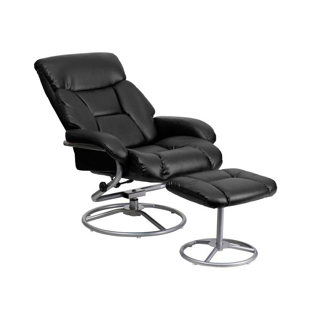 Contemporary Multi-Position Recliner and Ottoman with Metal Base in Black LeatherSoft