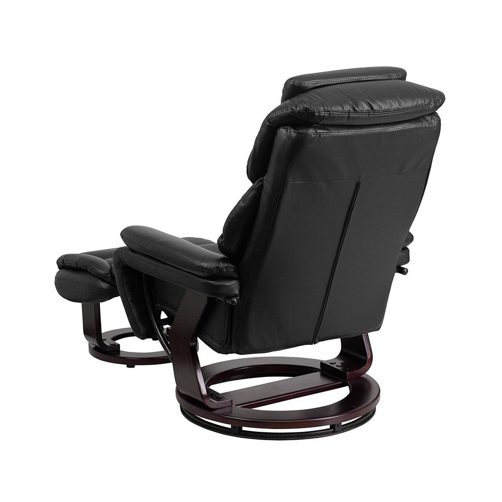 Contemporary Multi-Position Recliner and Ottoman with Swivel Mahogany Wood Base in Black LeatherSoft