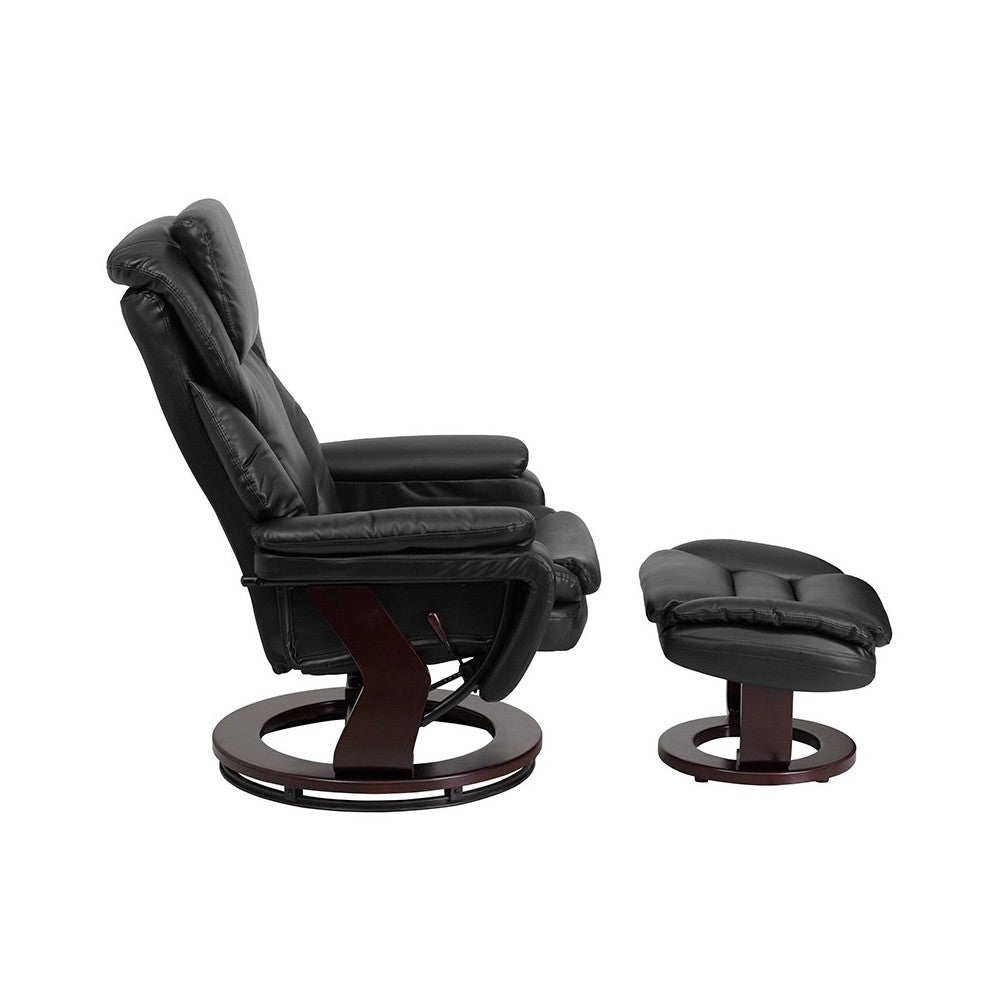 Contemporary Multi-Position Recliner and Ottoman with Swivel Mahogany Wood Base in Black LeatherSoft