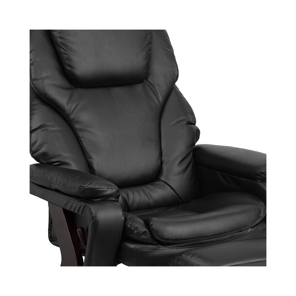 Contemporary Multi-Position Recliner and Ottoman with Swivel Mahogany Wood Base in Black LeatherSoft