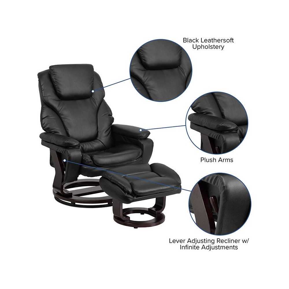 Contemporary Multi-Position Recliner and Ottoman with Swivel Mahogany Wood Base in Black LeatherSoft
