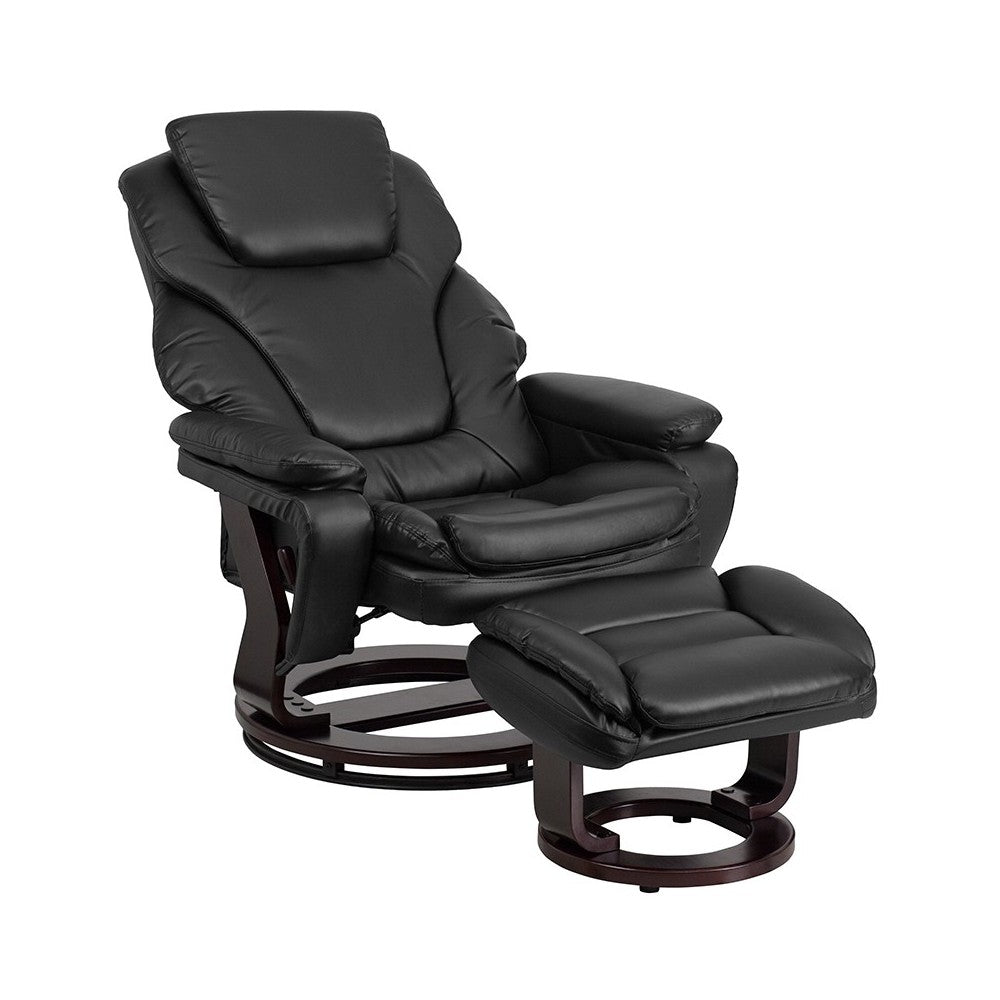 Contemporary Multi-Position Recliner and Ottoman with Swivel Mahogany Wood Base in Black LeatherSoft