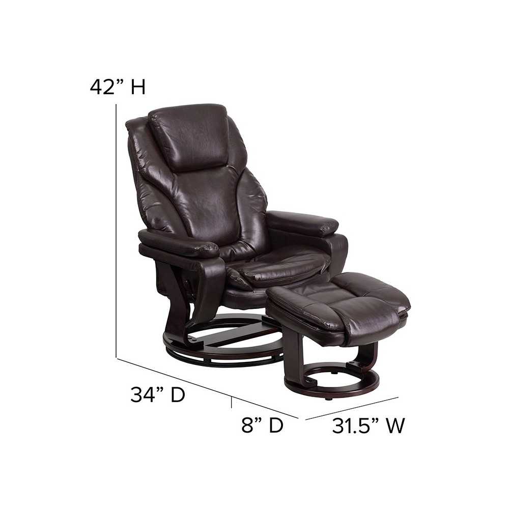 Contemporary Multi-Position Recliner and Ottoman with Swivel Mahogany Wood Base in Brown LeatherSoft
