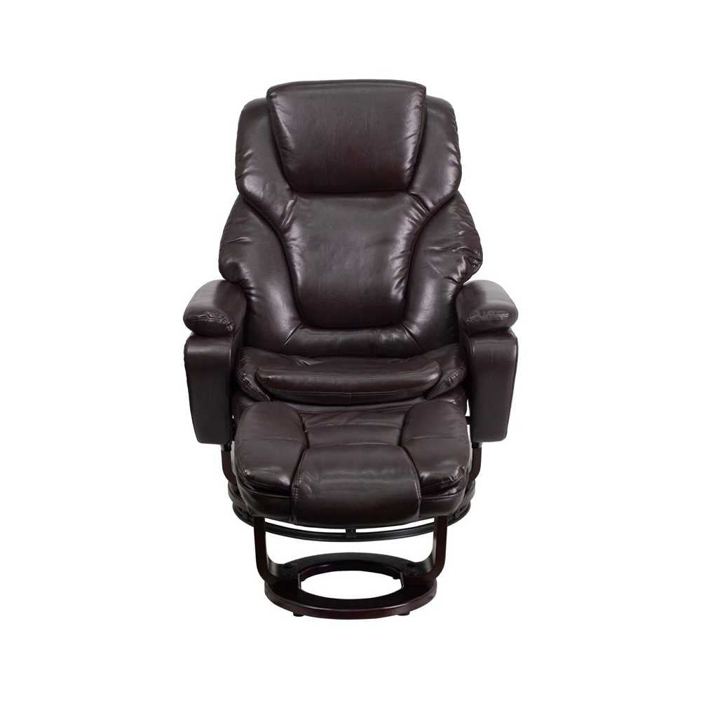 Contemporary Multi-Position Recliner and Ottoman with Swivel Mahogany Wood Base in Brown LeatherSoft