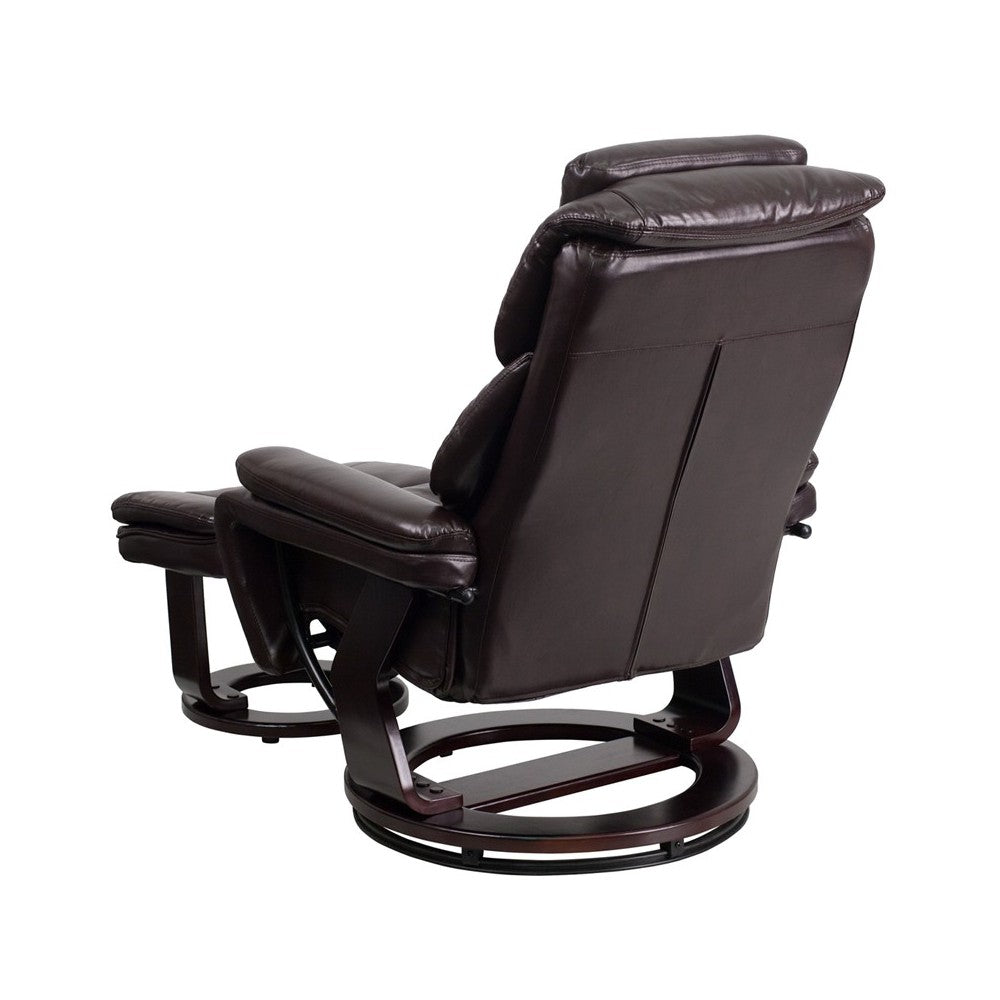 Contemporary Multi-Position Recliner and Ottoman with Swivel Mahogany Wood Base in Brown LeatherSoft