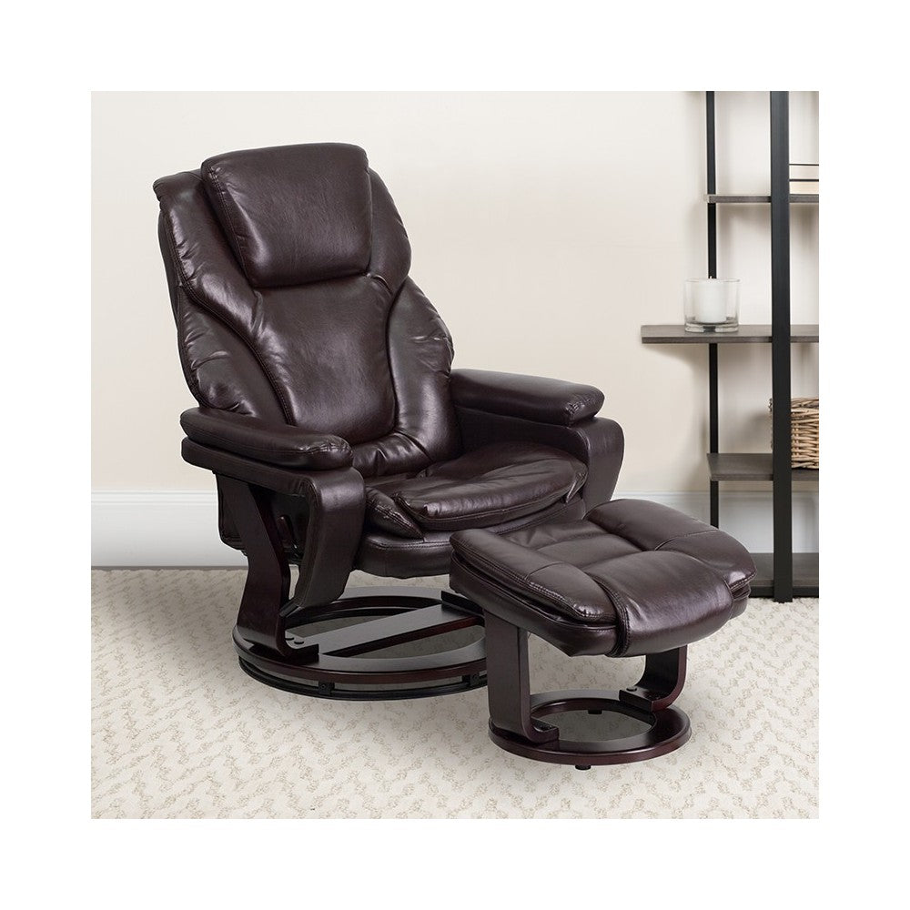 Contemporary Multi-Position Recliner and Ottoman with Swivel Mahogany Wood Base in Brown LeatherSoft