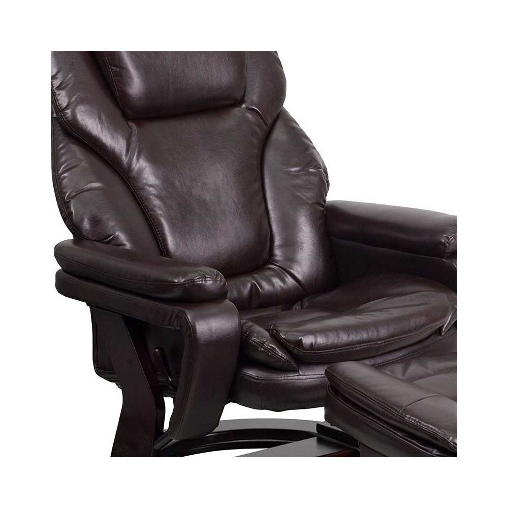 Contemporary Multi-Position Recliner and Ottoman with Swivel Mahogany Wood Base in Brown LeatherSoft