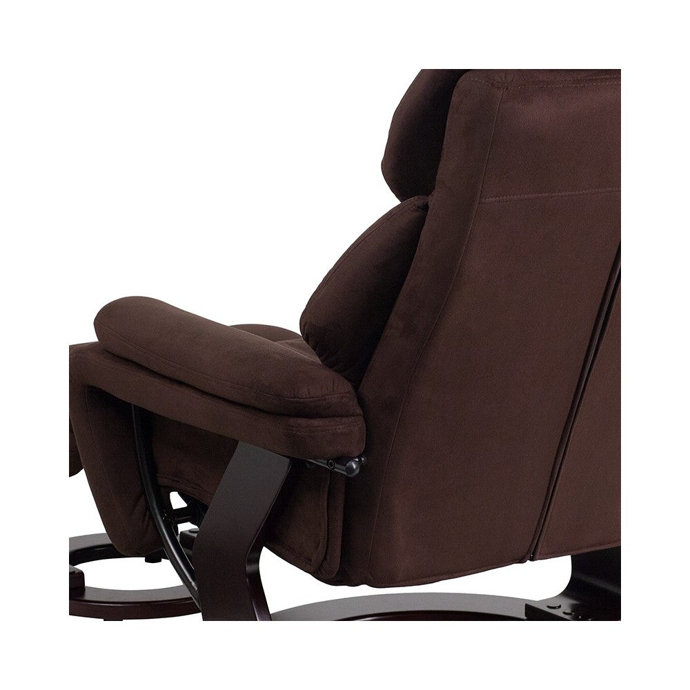 Contemporary Multi-Position Recliner and Ottoman with Swivel Mahogany Wood Base in Brown Microfiber