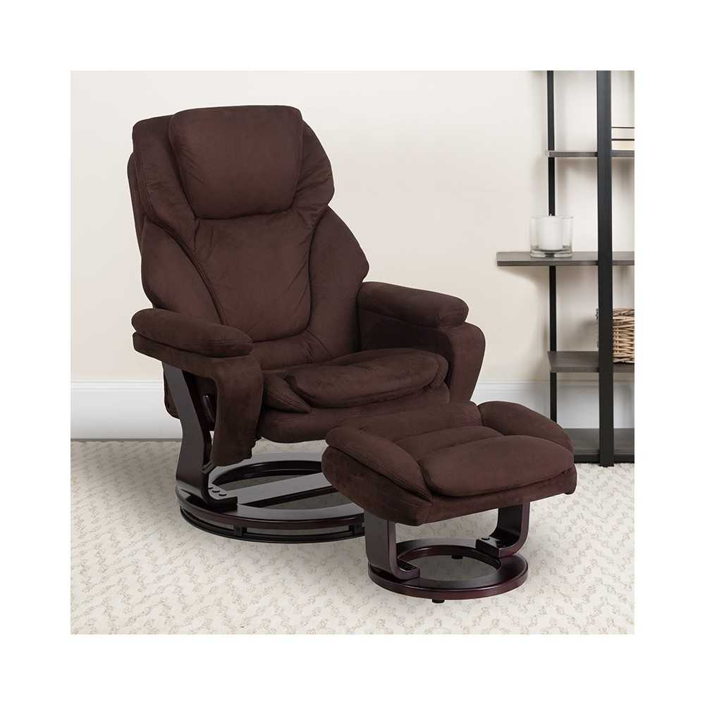 Contemporary Multi-Position Recliner and Ottoman with Swivel Mahogany Wood Base in Brown Microfiber