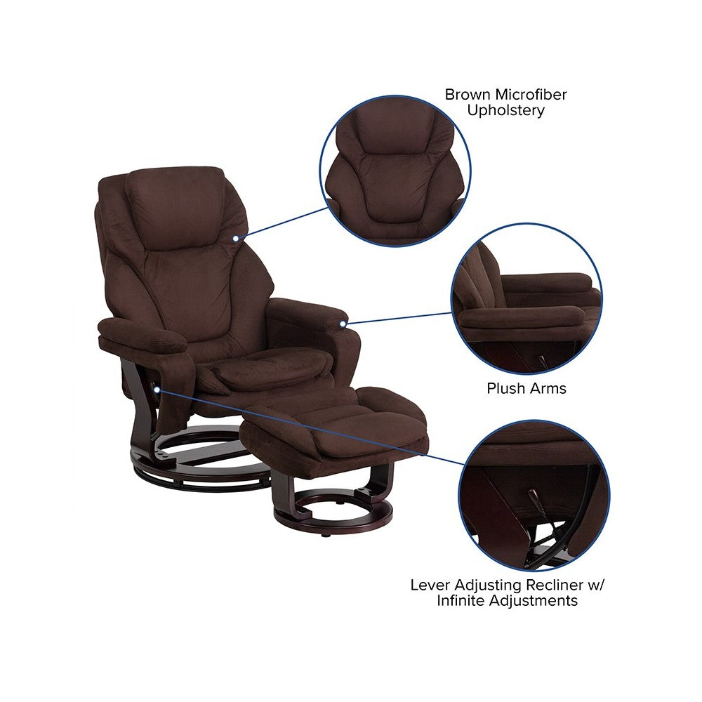 Contemporary Multi-Position Recliner and Ottoman with Swivel Mahogany Wood Base in Brown Microfiber