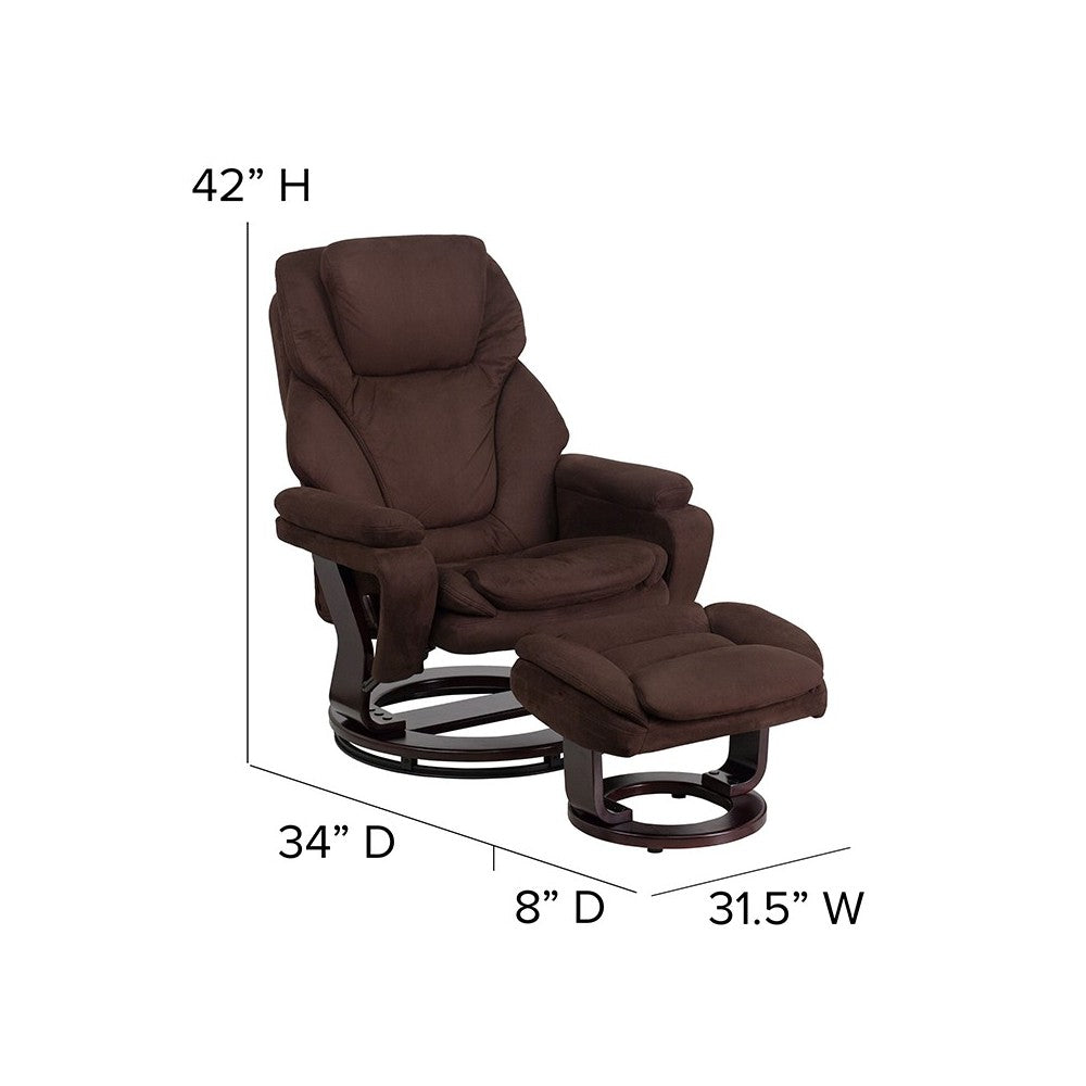 Contemporary Multi-Position Recliner and Ottoman with Swivel Mahogany Wood Base in Brown Microfiber