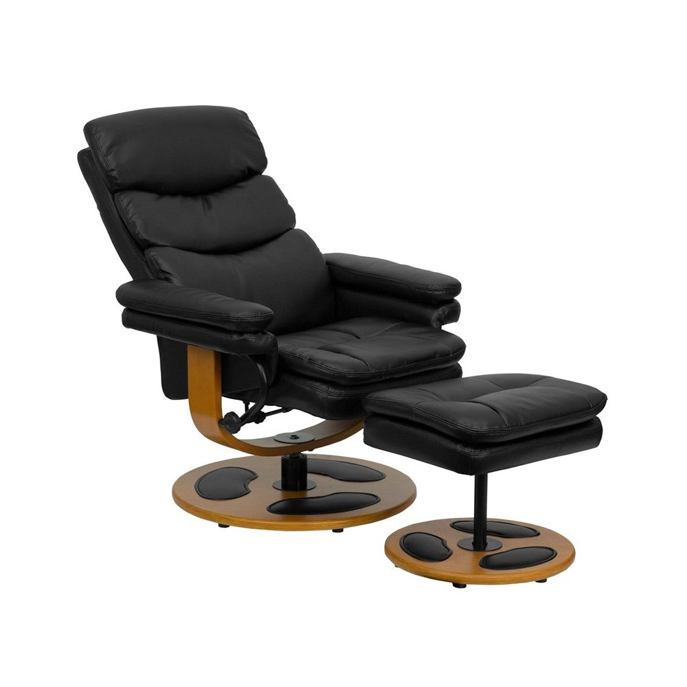 Contemporary Multi-Position Recliner and Ottoman with Wood Base in Black LeatherSoft