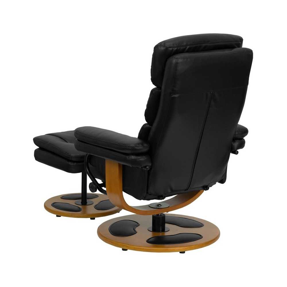 Contemporary Multi-Position Recliner and Ottoman with Wood Base in Black LeatherSoft