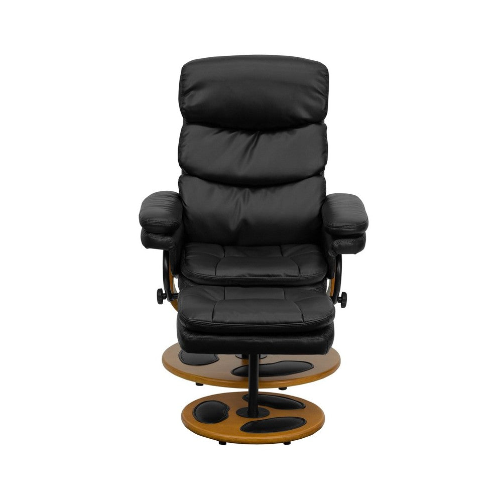 Contemporary Multi-Position Recliner and Ottoman with Wood Base in Black LeatherSoft