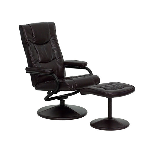 Contemporary Multi-Position Recliner and Ottoman with Wrapped Base in Brown LeatherSoft