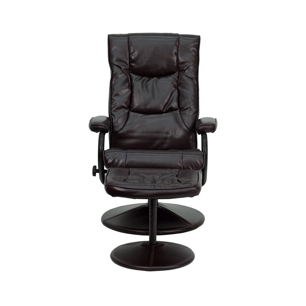 Contemporary Multi-Position Recliner and Ottoman with Wrapped Base in Brown LeatherSoft