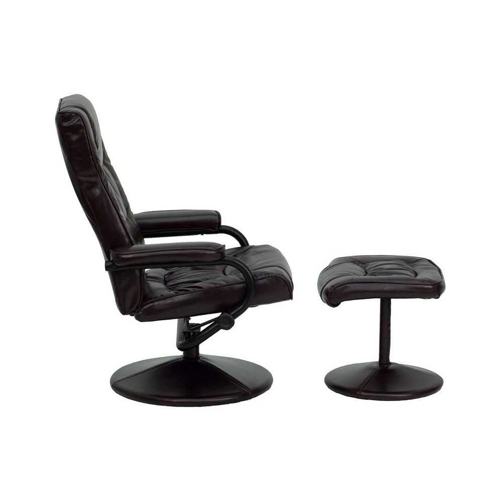 Contemporary Multi-Position Recliner and Ottoman with Wrapped Base in Brown LeatherSoft