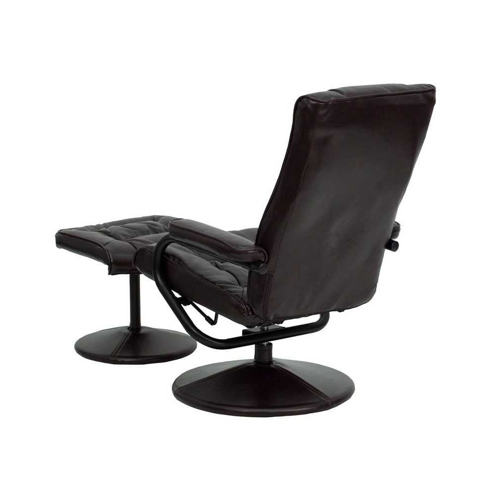 Contemporary Multi-Position Recliner and Ottoman with Wrapped Base in Brown LeatherSoft